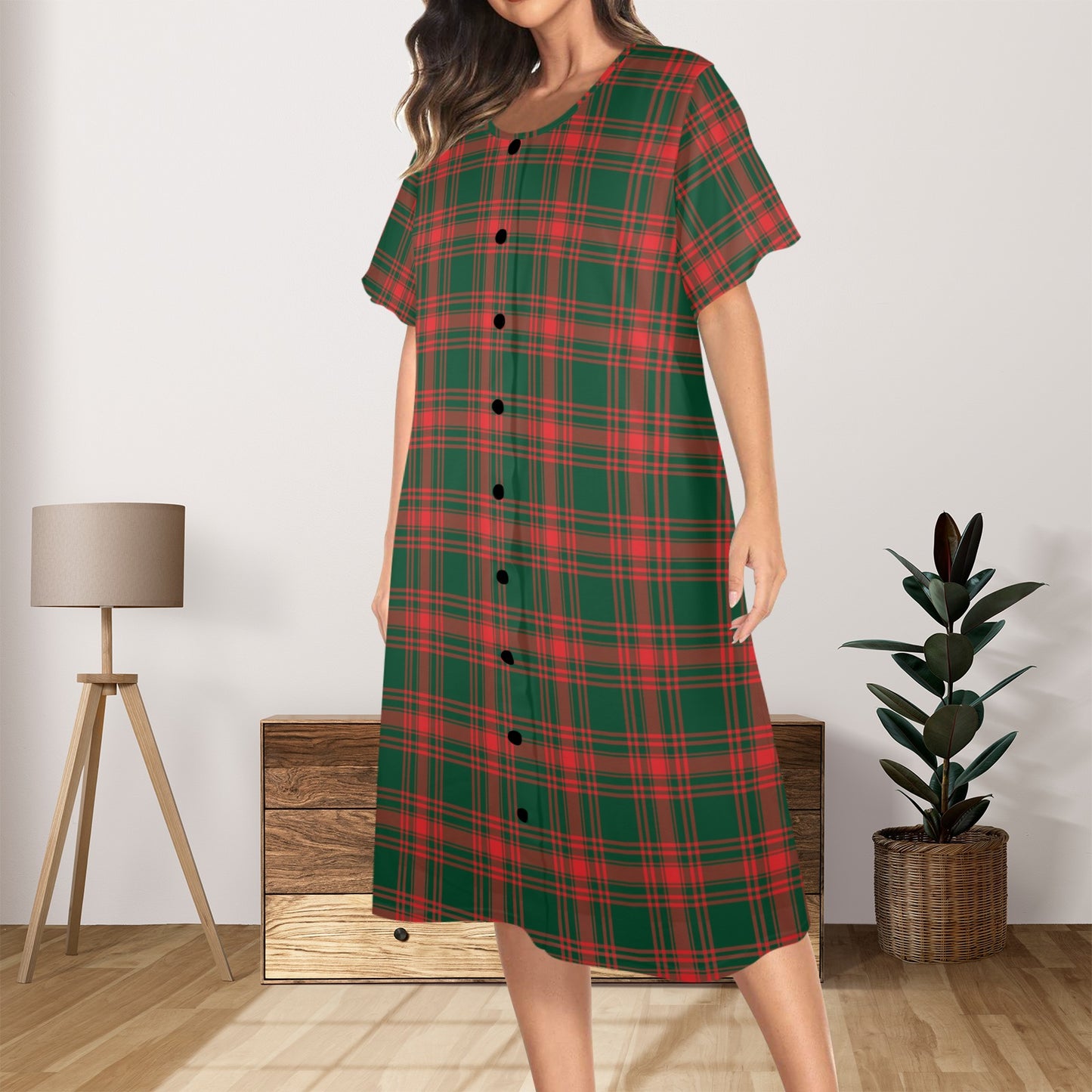 Christmas Menzies Button up Sleep Shirt Women's Button Front House Dress（Model Sets 20）