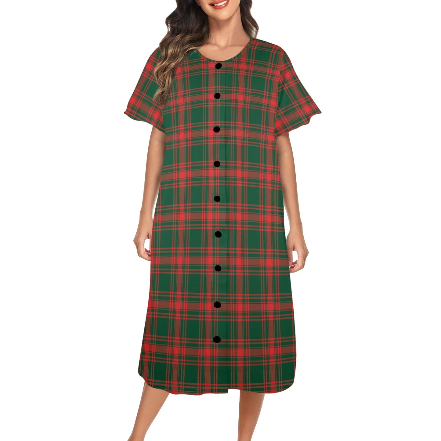 Christmas Menzies Button up Sleep Shirt Women's Button Front House Dress（Model Sets 20）